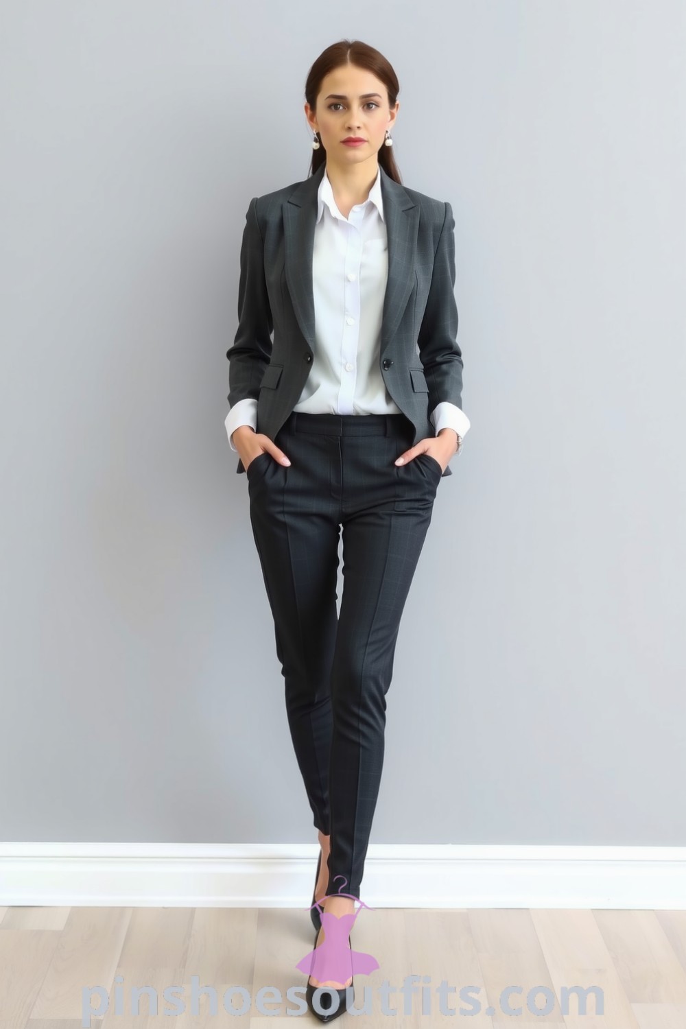 Sophisticated business outfit featuring a tailored charcoal gray suit, fitted blazer, white chiffon blouse with pearl accents, and sleek black pumps. A stunning example of elegance suitable for professional settings. pinshoesoutfits.com