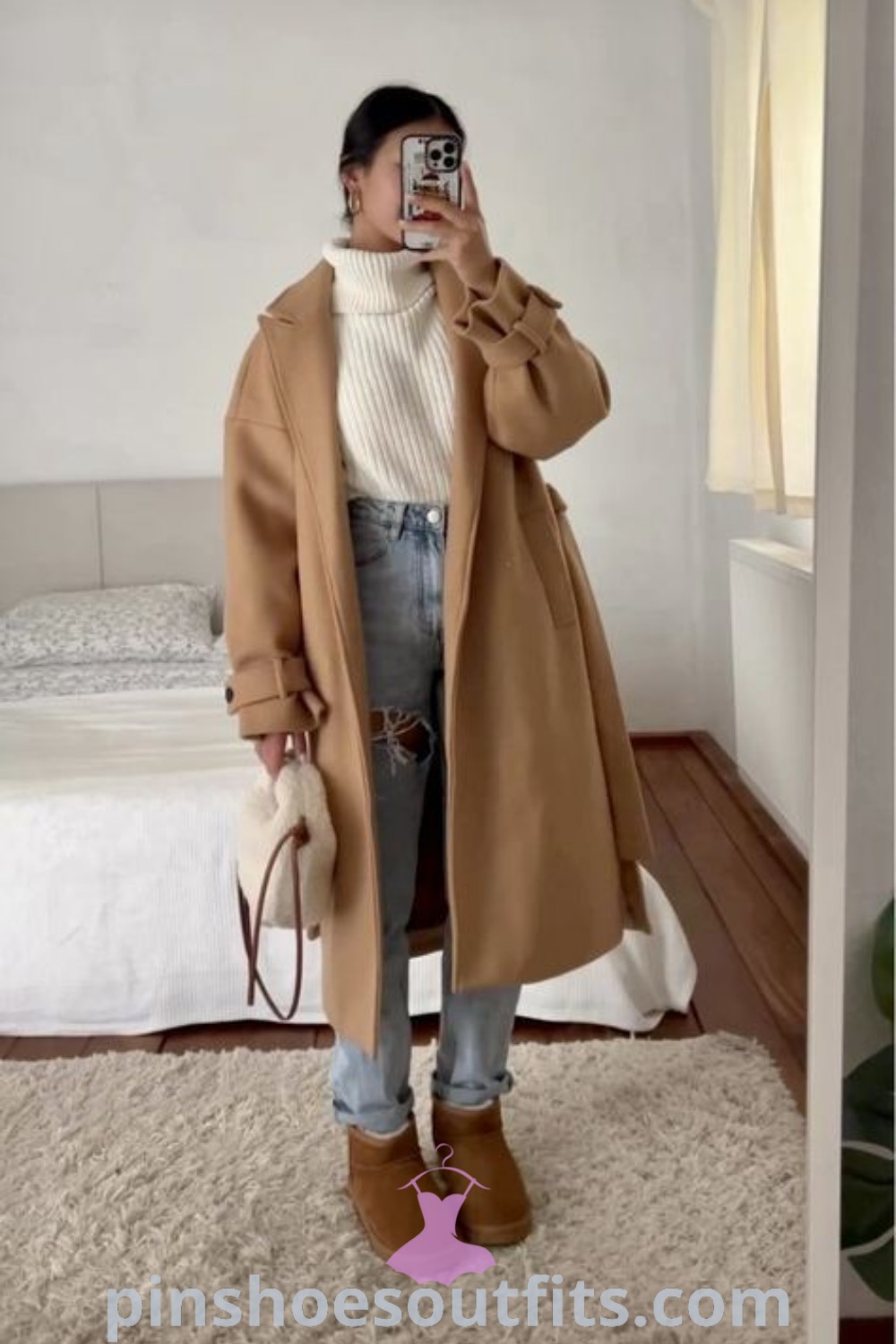 Cream winter outfit showcasing Ugg outfits and mantel outfit ideas, perfect for NYC winter outings. Embrace trendy winter fashion outfits casual and elevate your style this season at pinshoesoutfits.com.