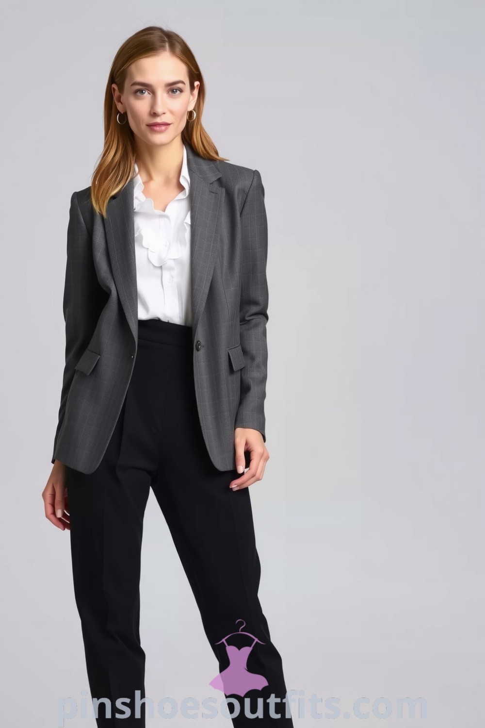 A woman wearing a charcoal gray tailored blazer, a white blouse with ruffles, high-waisted black trousers, and pointed-toe flats exudes professionalism and elegance in workwear fashion. pinshoesoutfits.com