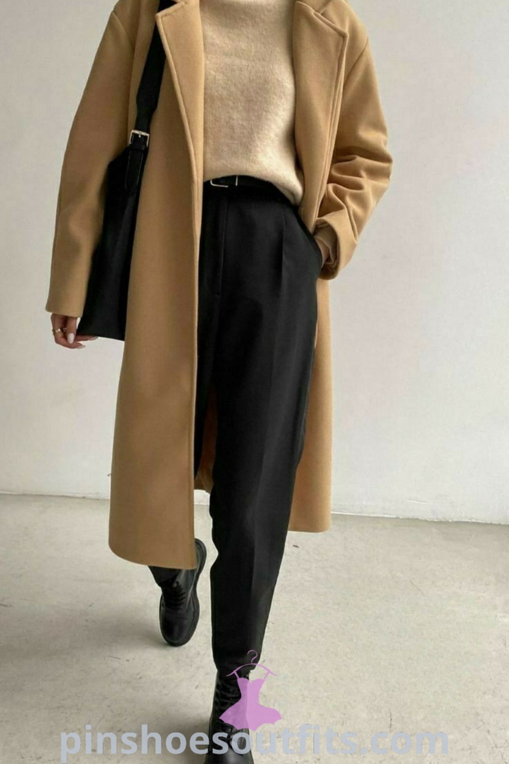 Chic winter outfit featuring a chunky sweater, camel coat, and warm tights for stylish winter fashion outfits. Perfect for casual wear and designed to inspire your look this season. Explore more outfit ideas at pinshoesoutfits.com