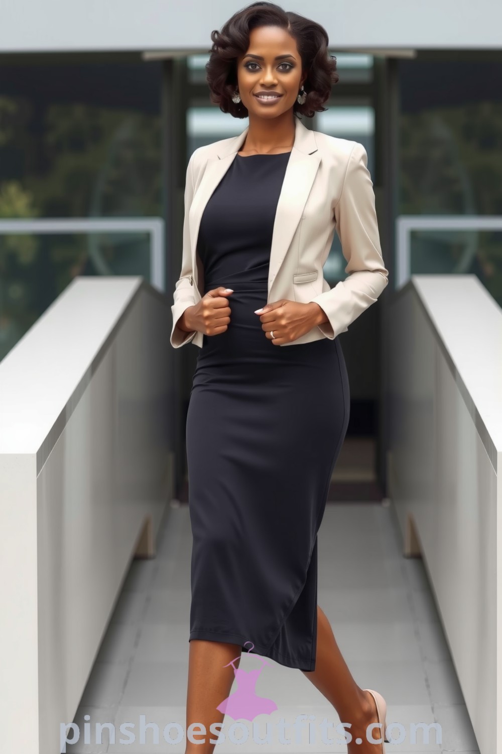 Black woman in a tailored charcoal sheath dress with a cream blazer, polished pumps, and stud earrings, exemplifying elegance in professional attire. Stylish outfit ideas for women