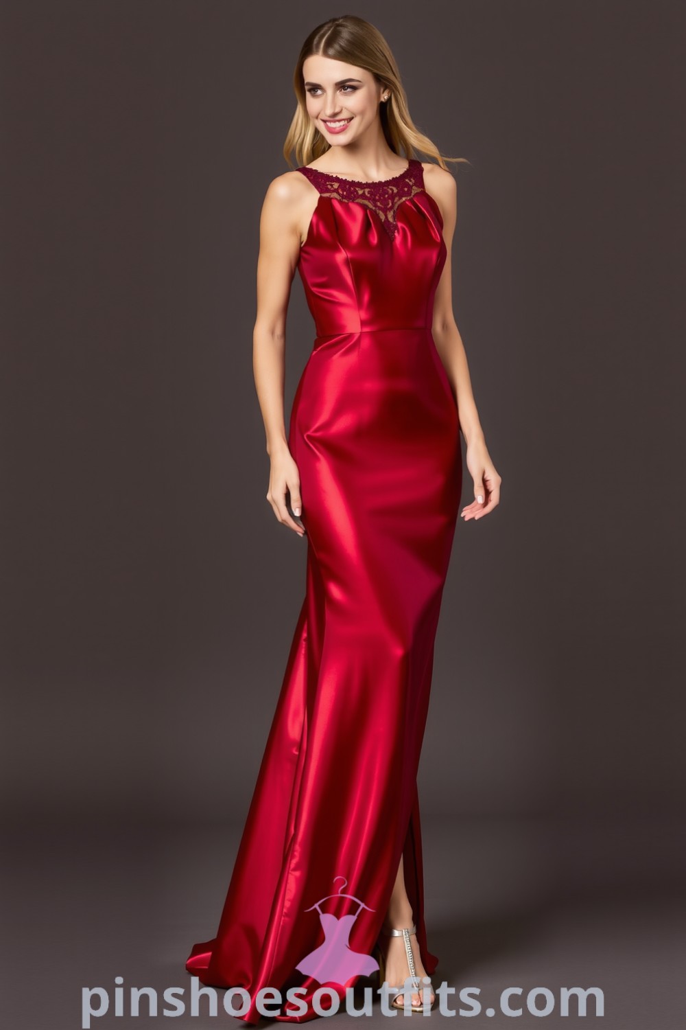 Elegant woman in a form-fitting deep red satin dress with lace detailing, cascading to the floor, and paired with strappy metallic heels. Perfect for a romantic dinner or an enchanting night. pinshoesoutfits.com
