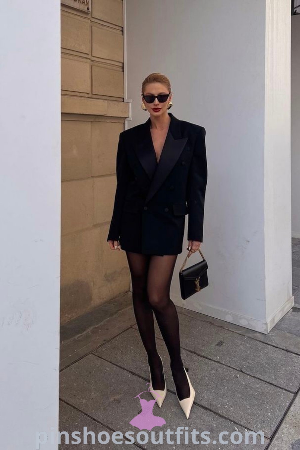 Chic masquerade party outfit for women featuring a black blazer and stylish accessories designed for theatre events and November fashion. This edgy classic ensemble offers outfit ideas to look chic and elegant. Discover more inspiring ideas at pinshoesoutfits.com