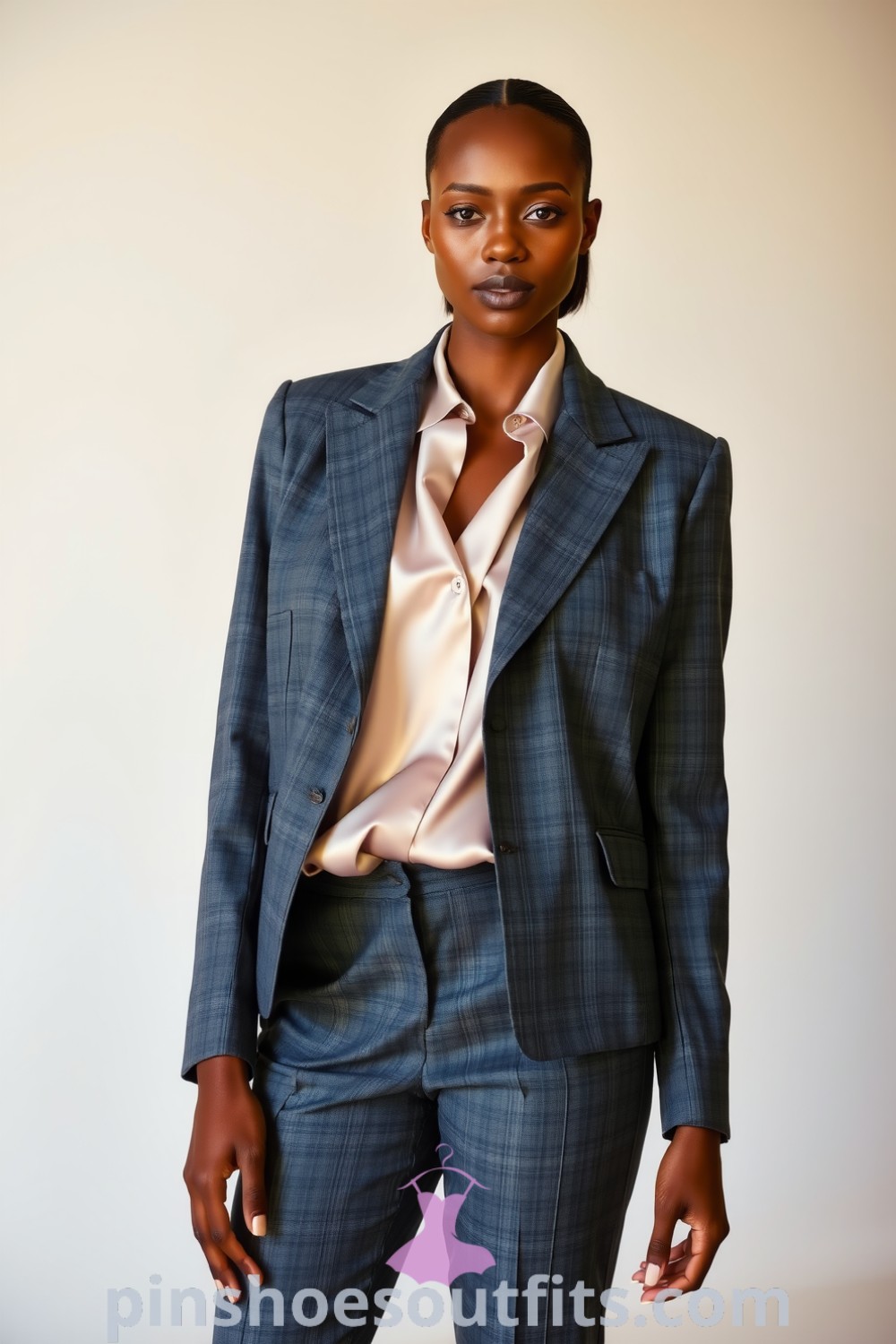 Professional black woman in a tailored charcoal gray pantsuit paired with a silk blouse, exuding elegance and sophistication. A perfect example of stylish outfits for women
