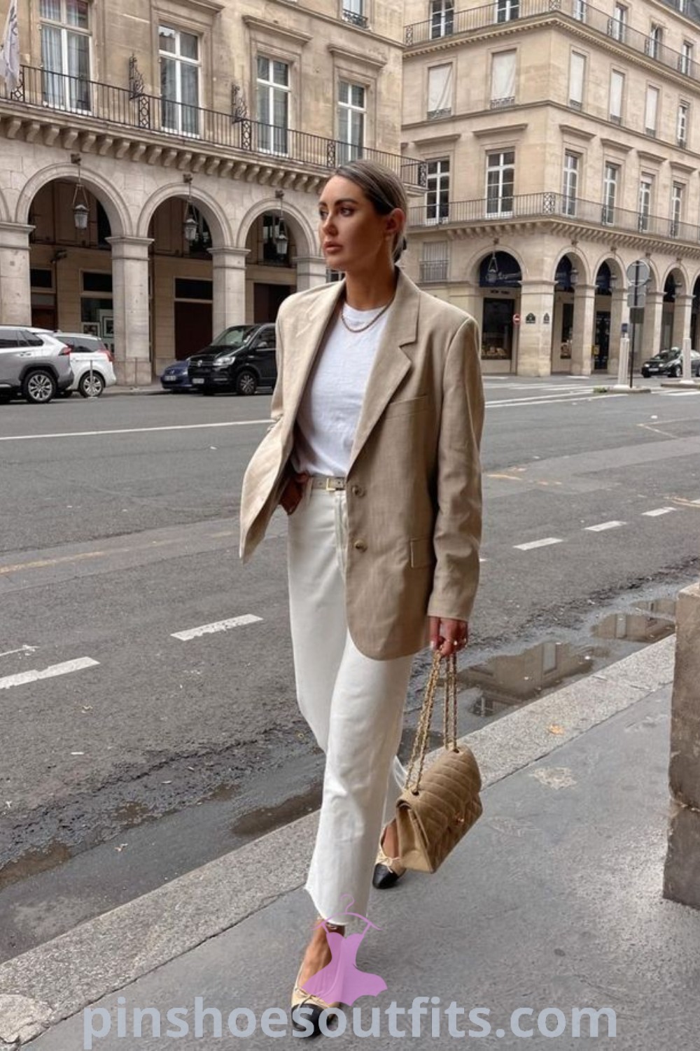 Stylish spring blazer outfits featuring a cream blazer, tan and beige accents, and white khaki pieces. Perfect for casual occasions, these chic outfit ideas will inspire your look this season. Explore more spring styling at pinshoesoutfits.com.