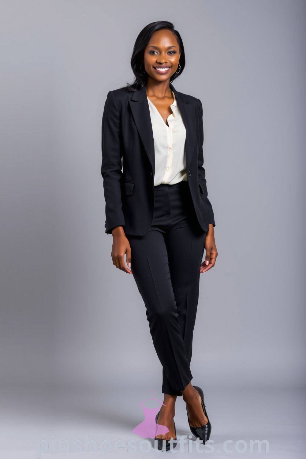 A Black woman exuding professionalism in a fitted charcoal blazer, tailored black trousers, and a soft ivory chiffon blouse. Stylish outfit perfect for meetings and office presentations, showcasing elegance and sophistication. pinshoesoutfits.com