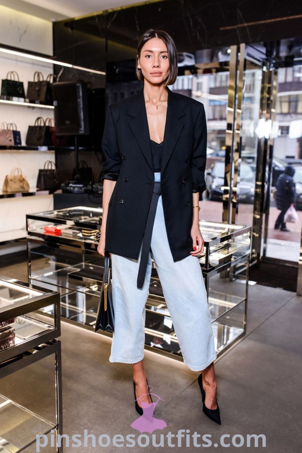 Minimalistic street style outfit featuring elements from Karla Welch and Saint Laurent styles, perfect for a night out or summer office. This chic look combines a blazer with a short blouse, showcasing stylish outfit ideas to inspire your look this season. Discover more at pinshoesoutfits.com.