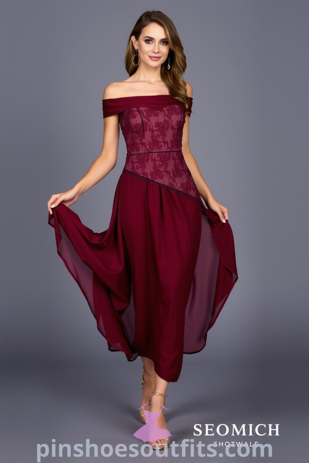 Elegant off-the-shoulder burgundy dress with lace detailing and a flowing chiffon skirt, perfect for intimate occasions. Stylish and sophisticated outfit inspiration for women. pinshoesoutfits.com