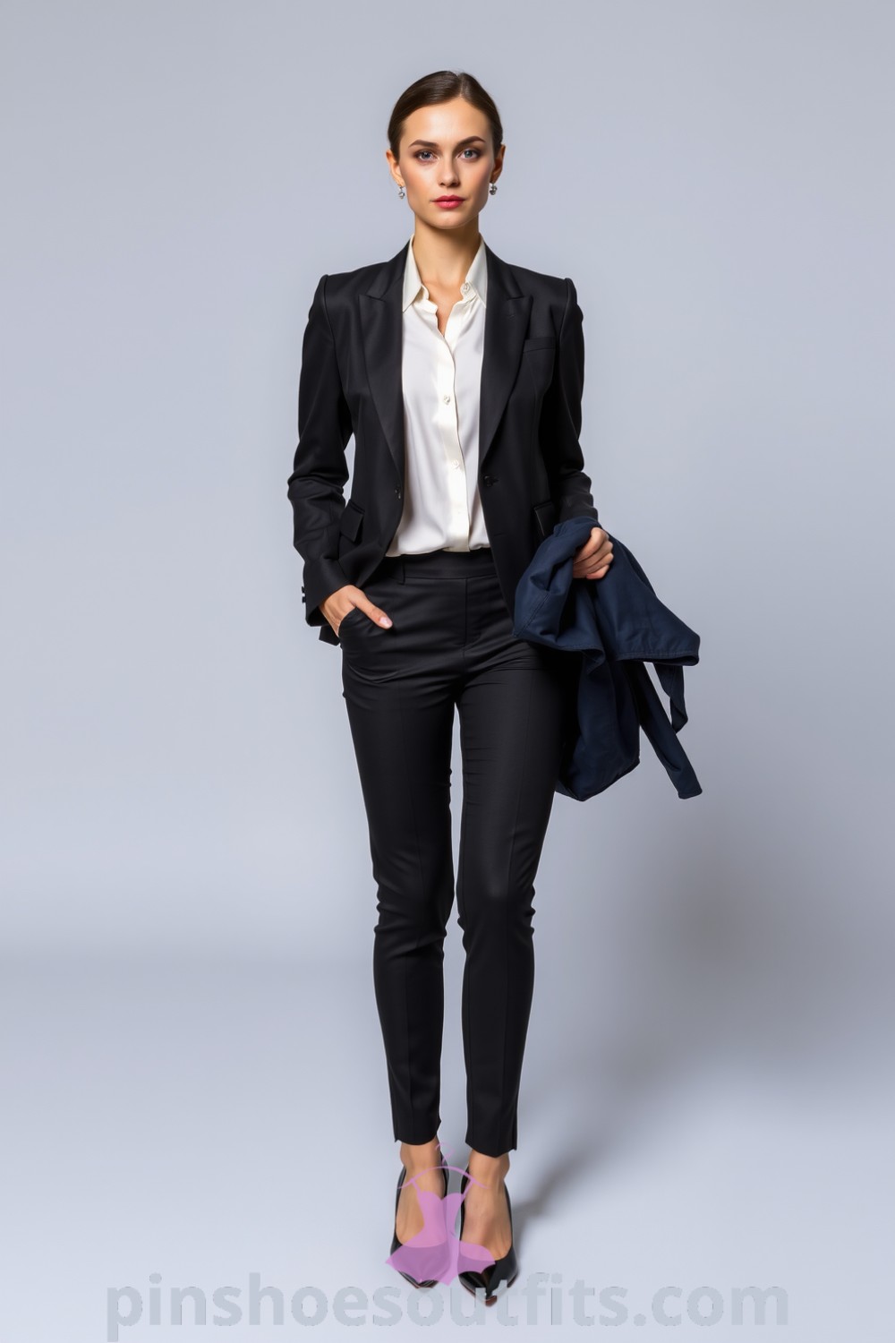 Chic professional workwear featuring a tailored charcoal suit with a fitted blazer, tapered trousers, and a soft ivory chiffon blouse, styled with classic pumps. Outfit ideas to look chic, classy, and expensive. pinshoesoutfits.com