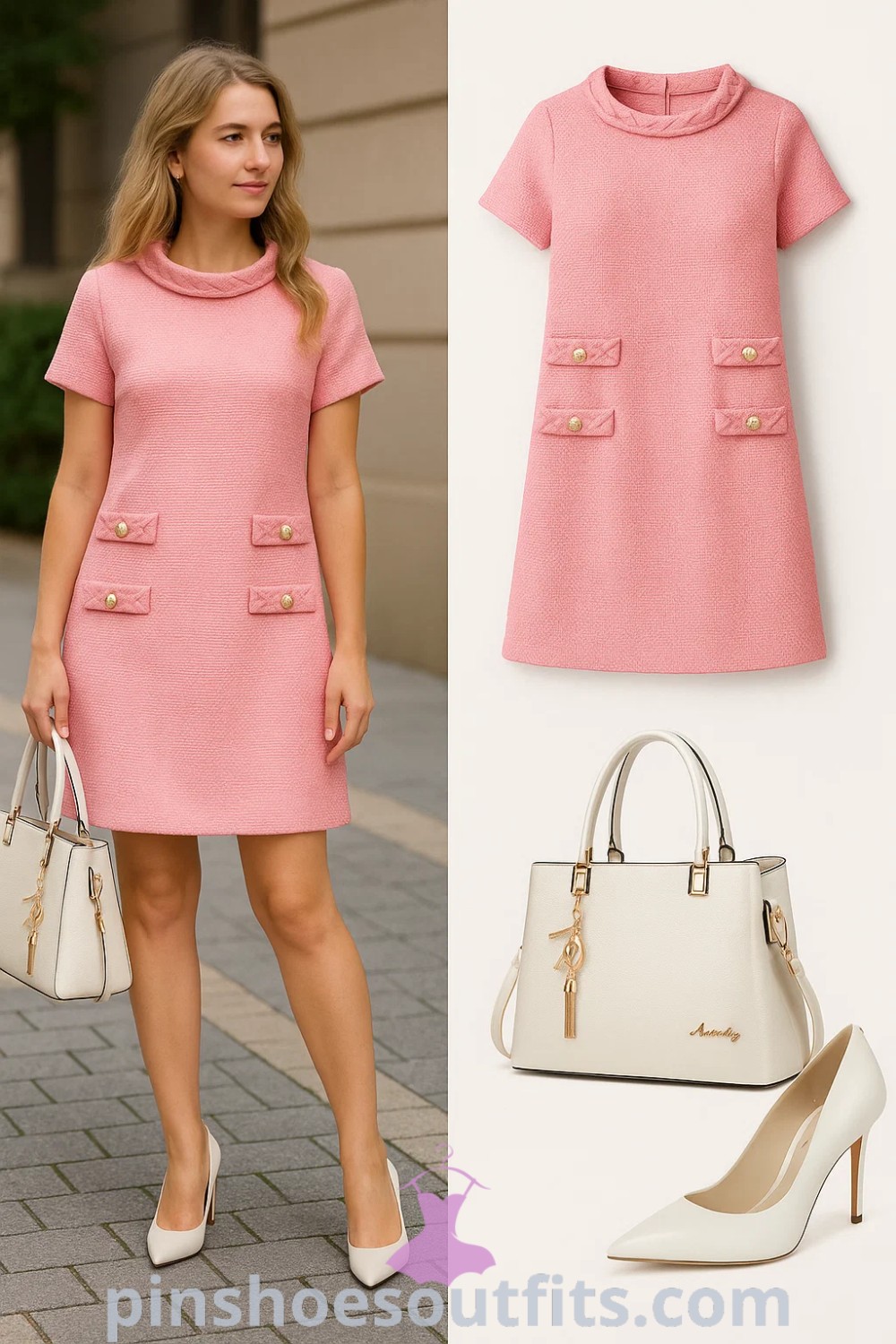 Pink A-line dress with short sleeves, white pointed toe pumps, and structured handbag, ideal for professional and casual occasions, showcasing a chic and feminine style, featured on pinshoesoutfits.com.