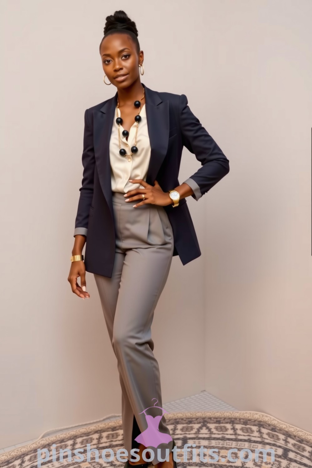 Sophisticated workwear outfit showcasing a tailored charcoal blazer, high-waisted wide-leg trousers, and silk blouse. Ideal for professional settings, offering stylish and elegant outfit ideas to inspire your look this season. pinshoesoutfits.com