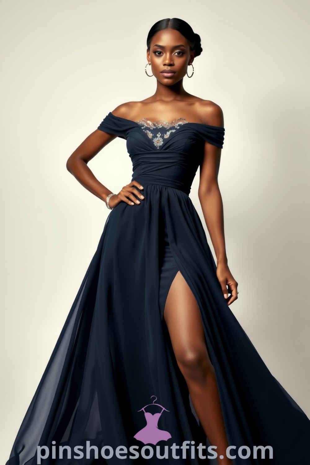 Elegant black woman in a figure-hugging off-the-shoulder gown made of chiffon with lace detailing and a high slit, showcasing sophistication and allure. pinshoesoutfits.com