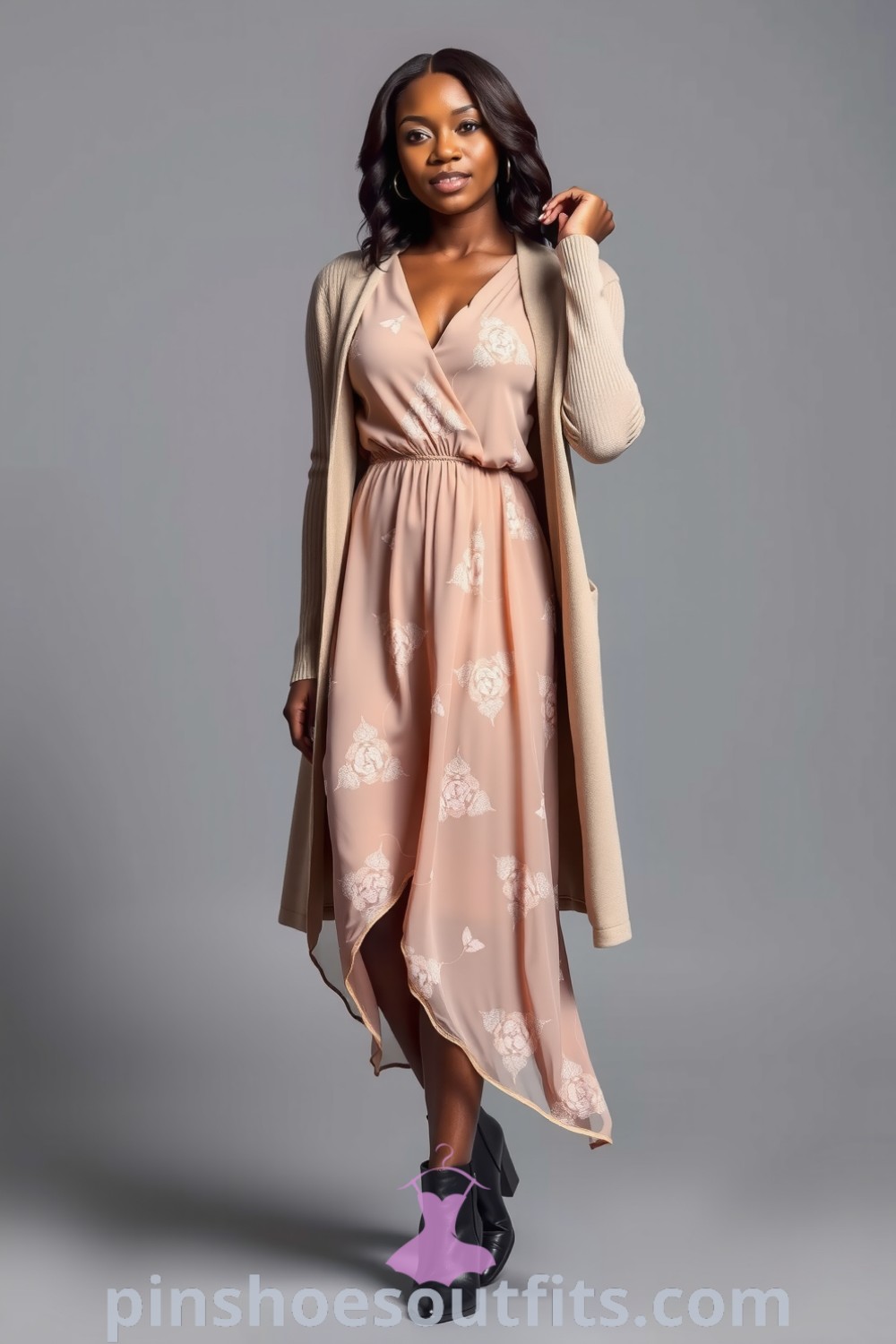 Stylish Black woman in a flowing knee-length chiffon dress with floral patterns and a light cardigan. Elevates her look with chic ankle boots. Outfit ideas to inspire your look this season. pinshoesoutfits.com