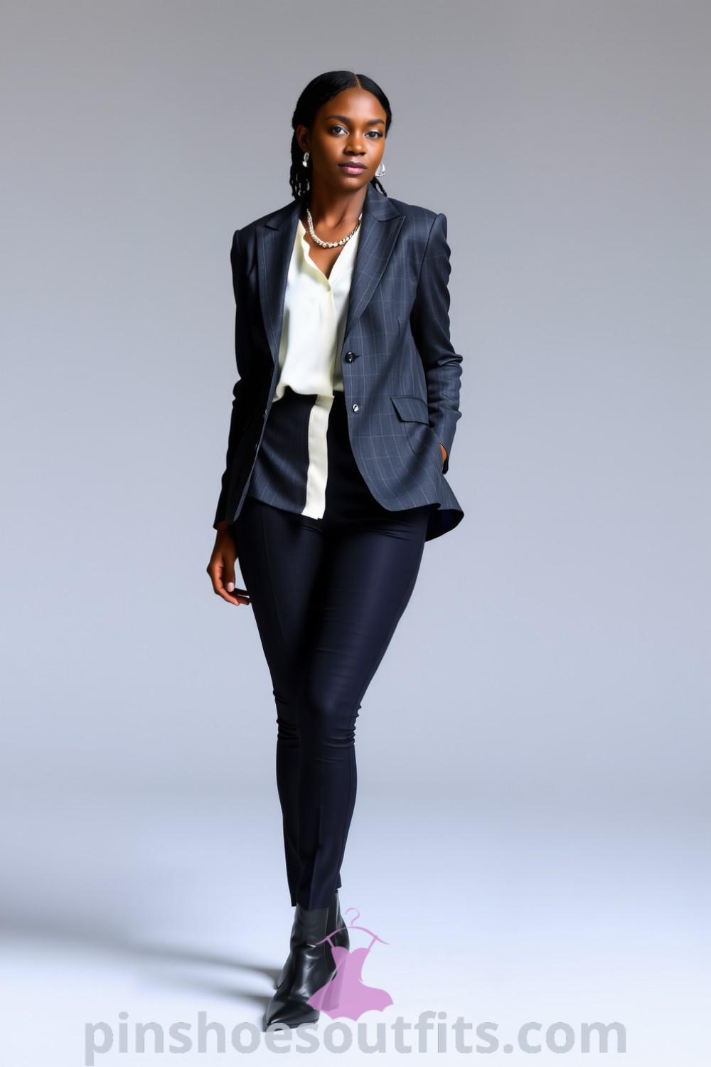 Sophisticated corporate outfit with a tailored charcoal blazer, white silk blouse, high-waisted trousers, and black ankle boots. Perfect for classy and elegant looks. pinshoesoutfits.com