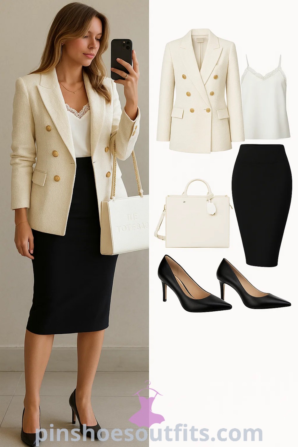 elegant cream double-breasted blazer paired with a fitted black pencil skirt and pointed toe black heels, complemented by a structured white handbag, ideal for professional and casual settings, perfect for office wear and brunch, spotted on pinshoesoutfits.com