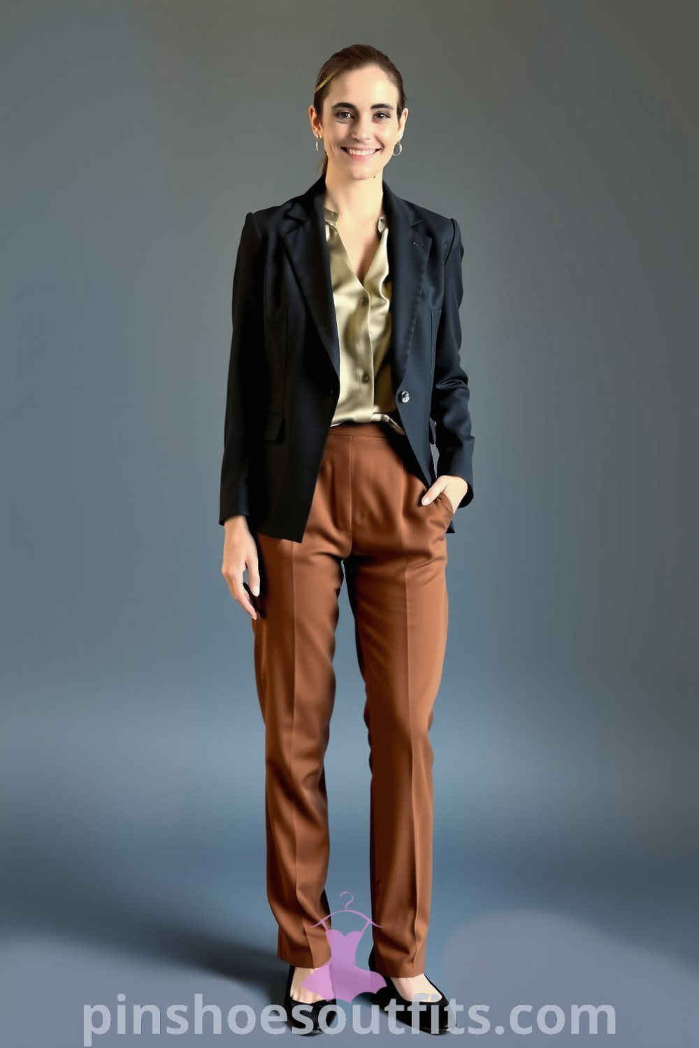 Sophisticated office attire featuring a tailored charcoal blazer, high-waisted trousers, a silk blouse, and pointed-toe flats. A perfect representation of stylish and elegant outfits for every woman