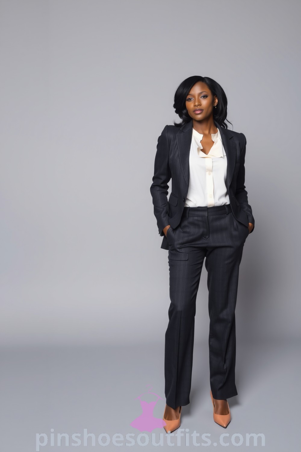 Professional Black woman in a tailored charcoal suit featuring a fitted blazer, wide-leg trousers, and an ivory blouse with ruffles. A stylish and confident look ideal for corporate settings. pinshoesoutfits.com