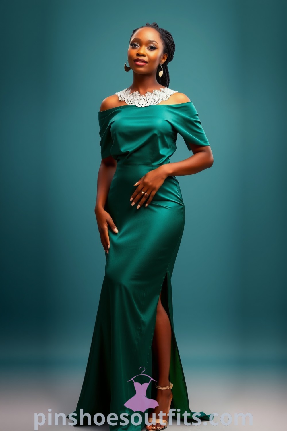 Elegant Black woman in an off-the-shoulder emerald green satin dress with lace detailing, perfect for evening wear. Stylish and sophisticated outfit ideas to look chic and elegant. pinshoesoutfits.com