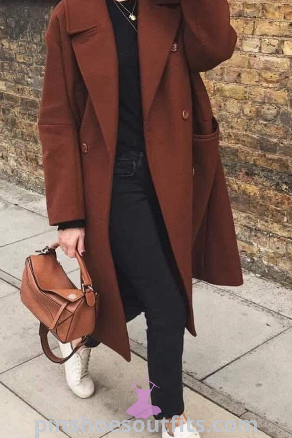 Chic brown coat outfit combined with white fashion sneakers, showcasing fall outfits 2018 and winter fashion outfits casual. Perfect for work or casual outings, this ensemble highlights fall fashion trends for women, offering stylish and edgy outfit ideas to inspire your look. Discover more at pinshoesoutfits.com.