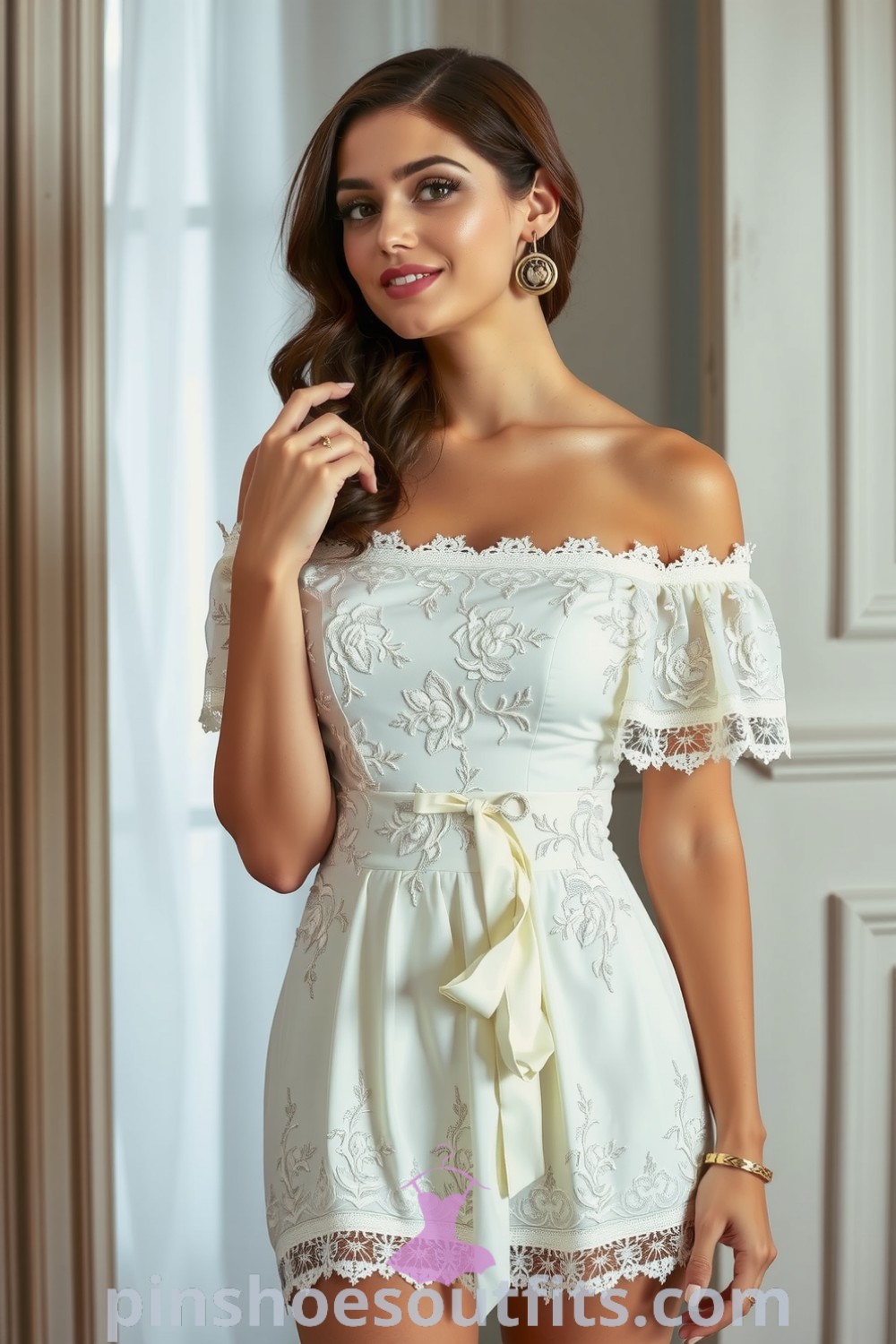 Delicate off-the-shoulder lace dress in ivory with floral embroidery and ruffles, perfect for romantic evenings. An inspiring outfit idea to look chic and elegant. pinshoesoutfits.com