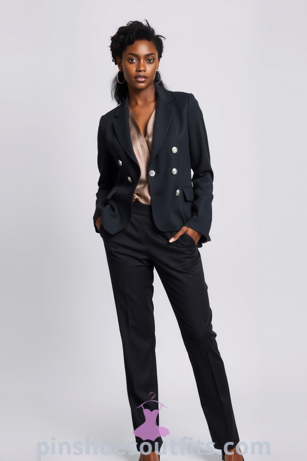 A Black woman styled in a tailored charcoal blazer, black high-waisted trousers, a light silk blouse, pointed-toe pumps, and minimalistic silver hoop earrings, showcasing modern workwear elegance. pinshoesoutfits.com