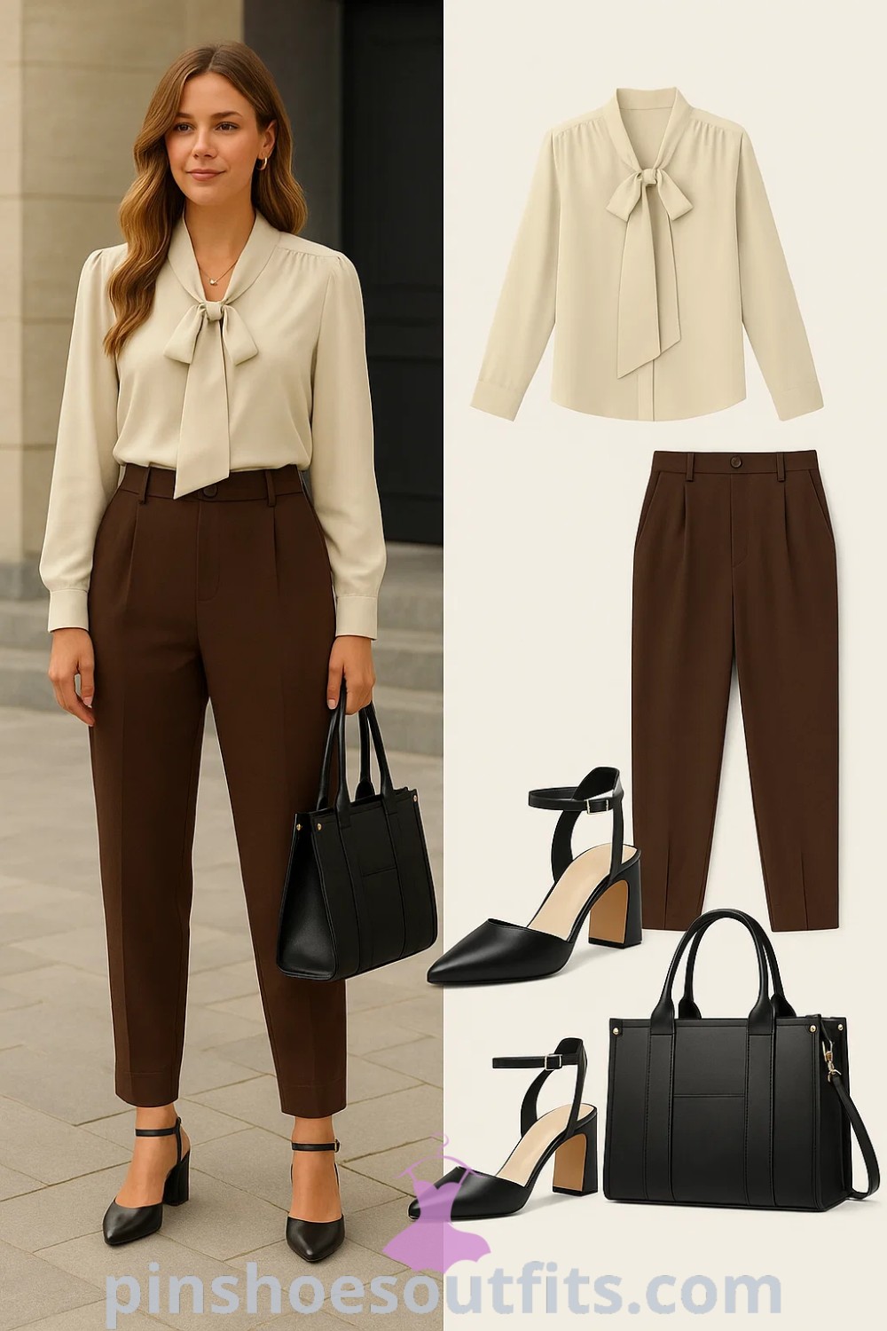 Structured beige blouse with tailored brown trousers, black pointed toe heels, and a black structured tote, representing elegant business attire perfect for office and formal occasions, showcasing professional outfits on pinshoesoutfits.com.