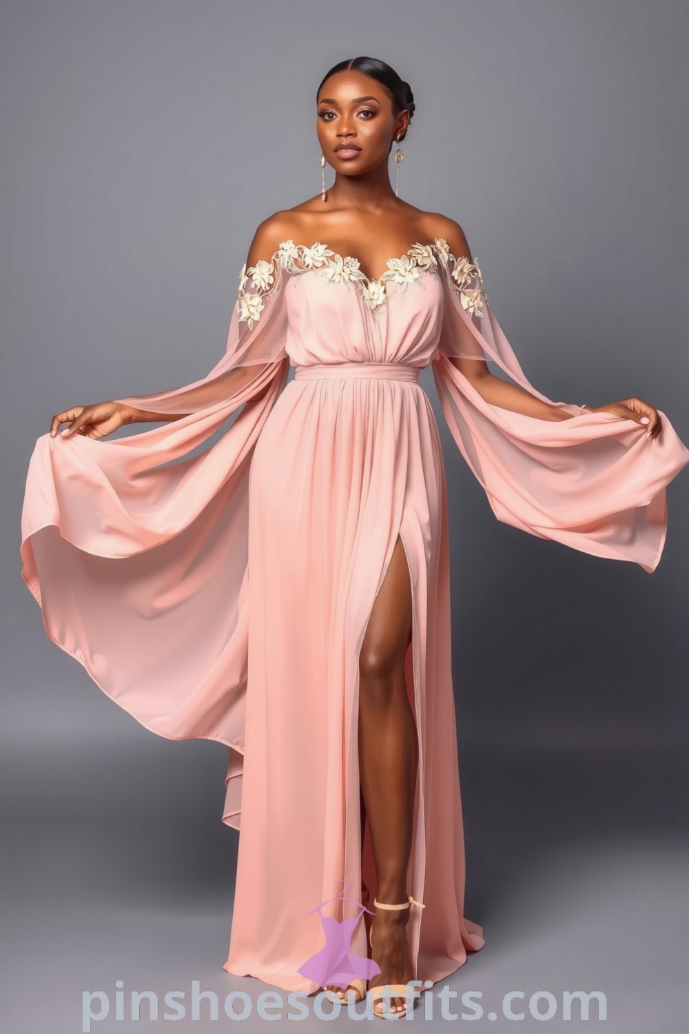 Elegant off-the-shoulder chiffon gown with lace accents and a cinched waist, perfect for a romantic date night. Stylish and chic outfit ideas for every woman
